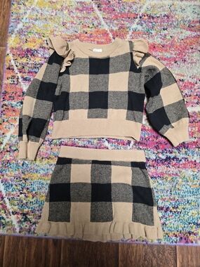 Janie and Jack Beige and Black Buffalo Check Knit Sweater & Skirt Set - Girls